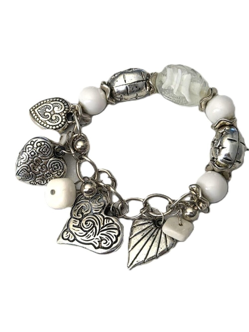 Black White Silver Tone Heart Love Cross Western Charm Stretch Beaded Bracelet